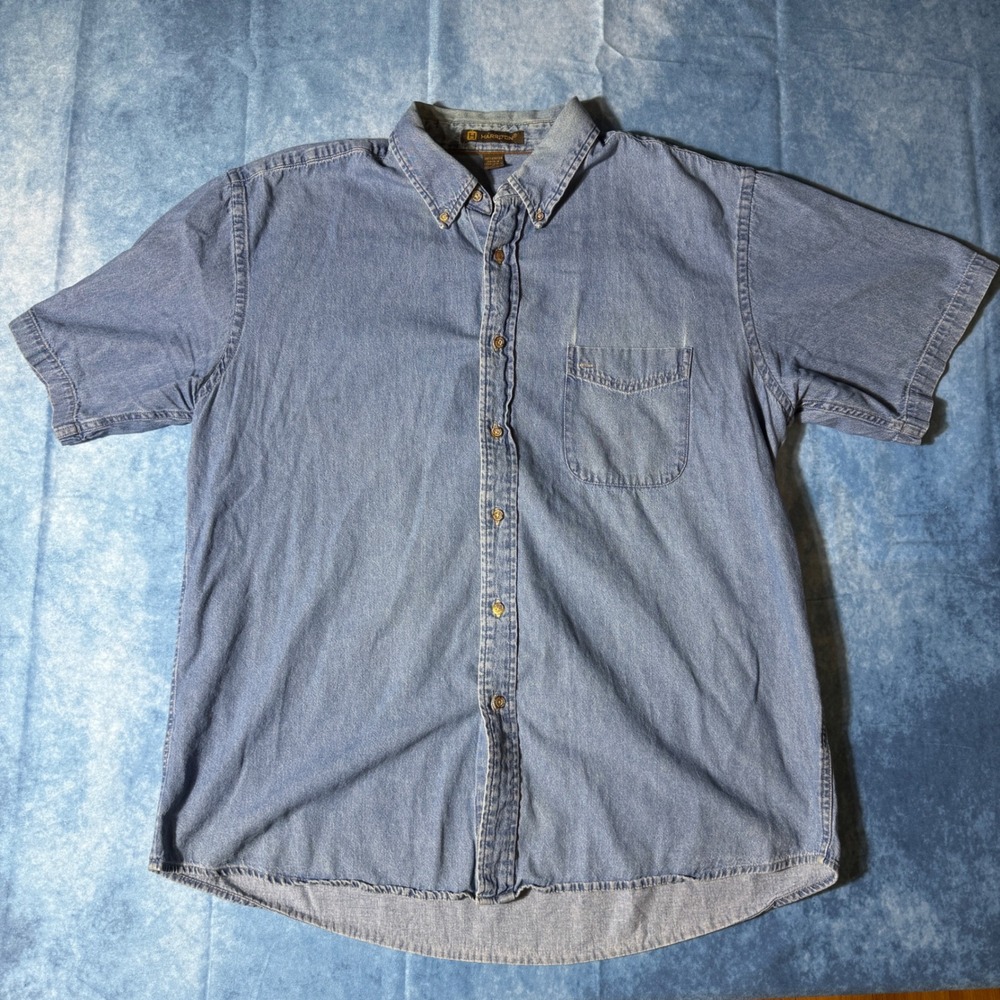 Vintage Harrington XL Denim Shirt 90s Button Down Short Sleeve Light Wash